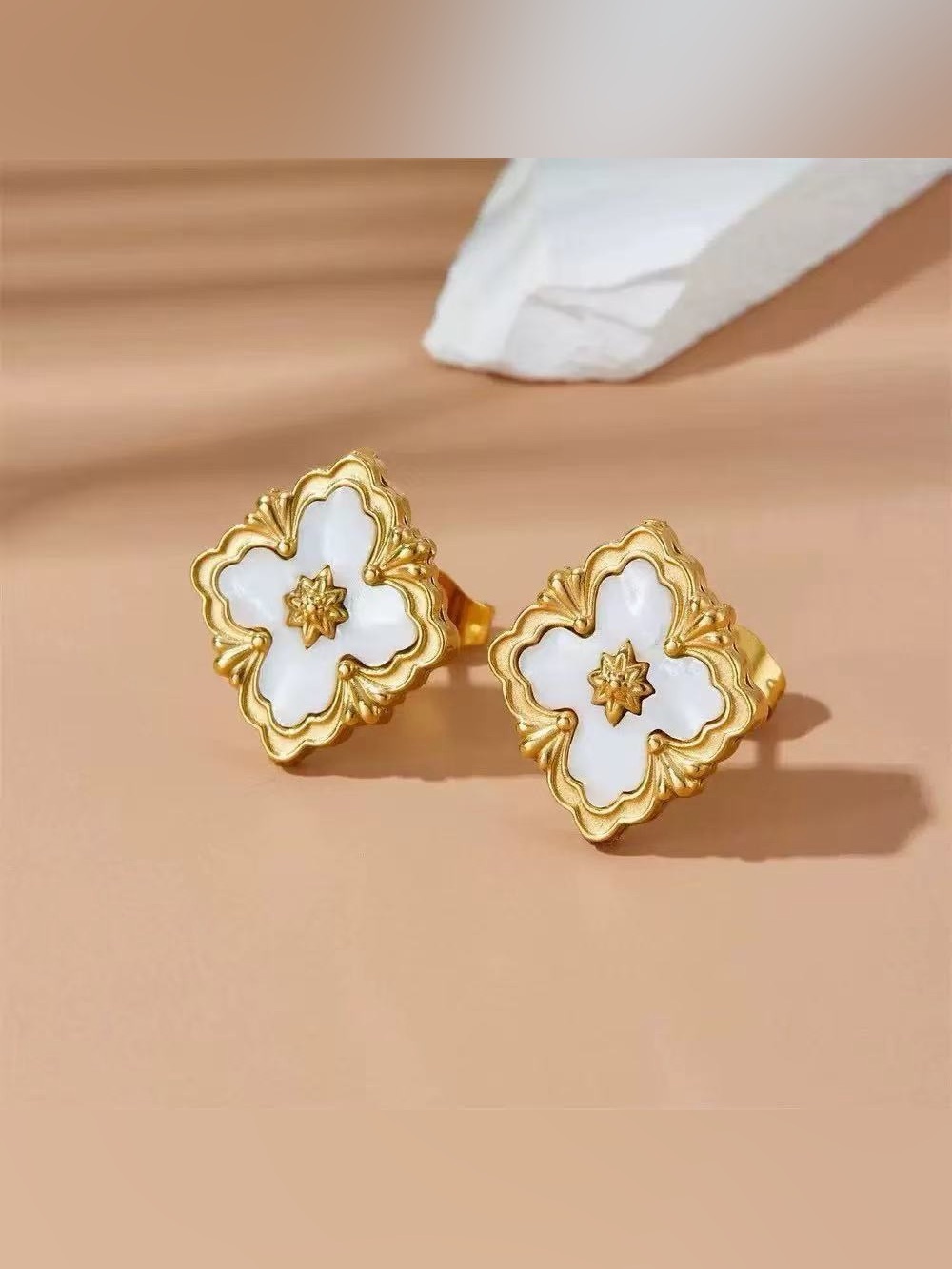 Gold & White Floral Statement Stud Earrings